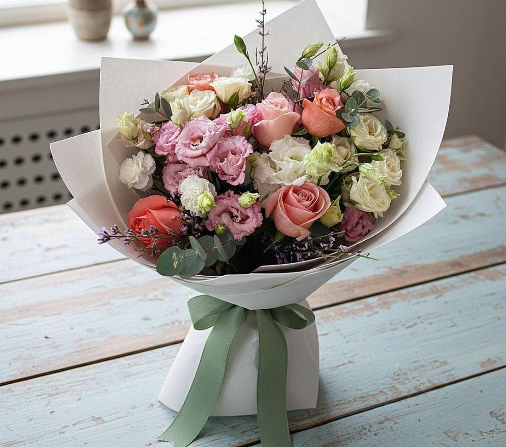 Букет цветов из: Розы, Лизиантусы и Гвоздики в Красновидово